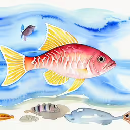 the fish is swimming in the water,a painting with a fish and other fishes in it,a fish and two other fishes sitting in the ocean,a red fish swimming near some different types of sea animals,an image of a fish painting on canvas