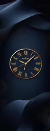 a black and gold clock sits in the middle of a dark blue background