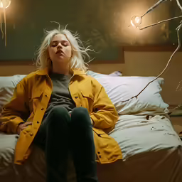 the woman is laying on her bed with lights behind her