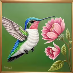 a painting of a hummingbird and pink flowers,a painting of a hummingbird on a branch and flowers