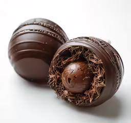 an opened chocolate trufce ball with a nest