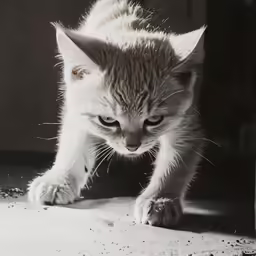 a grey and white kitten crawling down a piece of concrete