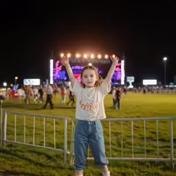 a girl raises her hands up in a stadium at night