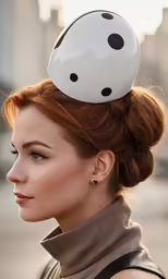 a young woman in a dress is wearing a white ballon - shaped hat