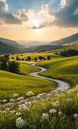 a wide open field with a winding trail on it