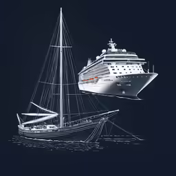 an illustrated image of a ship next to a small boat