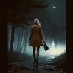 a woman walking down a path in the dark