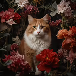 a cat sitting on top of flowers