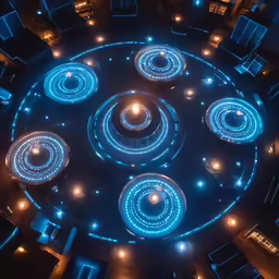 a circular photo with a light show in the center