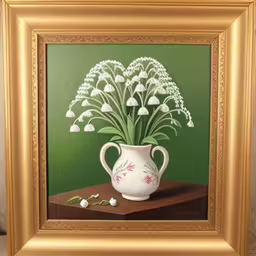a painting of flowers in a vase,a painting is shown of flowers in a vase,there is a white vase and flowers in the painting,there is a painting of flowers in a vase on display,a painting of a white vase and flowers