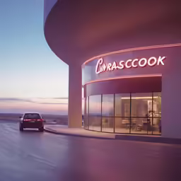 a car is traveling outside of a store