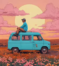 a person on top of a van in a field of flowers,man sitting on top of blue van sitting in the middle of flowers