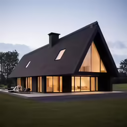 a black house with large windows and lights on
