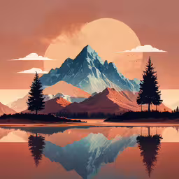 a beautiful mountain landscape featuring a lake, trees and large moon,an abstract painting of a mountains range with a lake and pines at sunrise