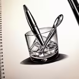 a drawing of two pens on top of a glass of liquid