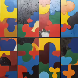 four blocks of artwork have been colored with different colors