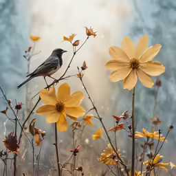 a bird is sitting on top of a tree branch with yellow flowers