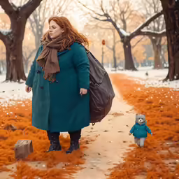 an overweight woman carrying a bag and walking with a teddy bear