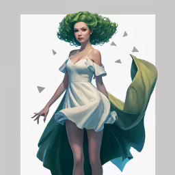 a green haired woman in a white dress is posing