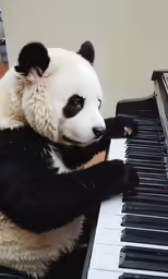 a panda sitting on top of a piano with one leg up