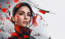 an abstract artwork of a woman wearing black leather clothing and red accents