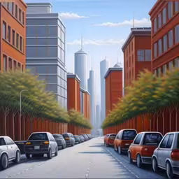 several cars parked near each other on the street,a painting of cars driving down a road between tall buildings,a cityscape with buildings, trees and parked cars,a painting of a city with several cars parked on the street,a painting of cars on the road near many buildings