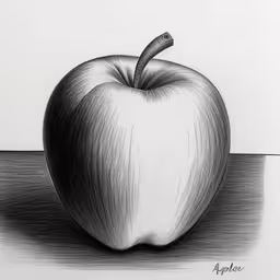 an apple with no stem sits in the center of the drawing,drawing an apple, in graphite on paper