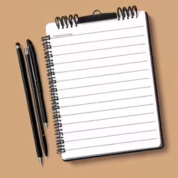 a spiral notepad, pen and a pair of black markers