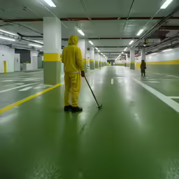 man in a yellow bee suit using a mop on the floor