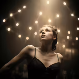 a woman is posing for a photo with some lights above her