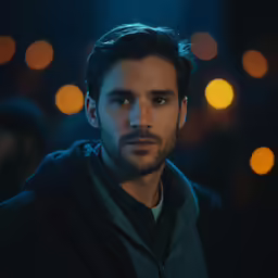 a man standing up in the dark looking at something