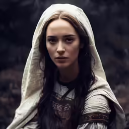 a woman with a head scarf on stands in front of rocks