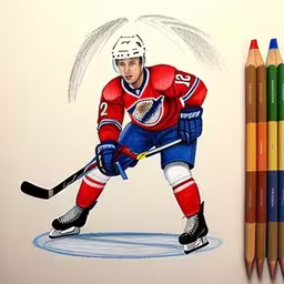 colored pencils, pencils and crayons next to the drawing of a man in red hockey uniform