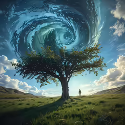 a man standing next to a tree in the sky