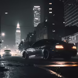 two cars at night with the city skyline in the background