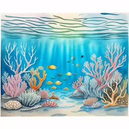 a painting of corals, fish and seaweed in blue water,a painting of coral reef in water,the underwater scene with different color corals and fish,a painting of an ocean scene with corals, sand and fishes,watercolor painting of under the sea