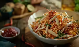 this is a bowl of pasta and some ketchup