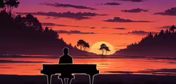 a silhouette of a man sitting on top of a piano,a person is sitting on a bench next to a piano