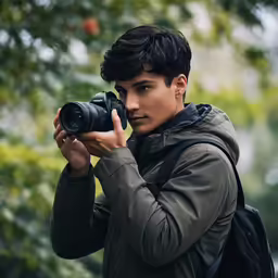 man taking photo with his camera near a tree