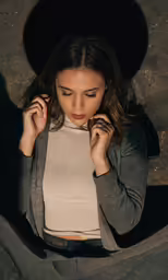 young lady wearing cardigan looking down, with hat on