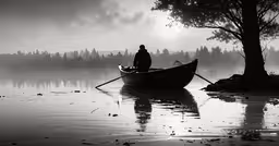 a man riding in a boat on top of a lake,a man in a boat on the water