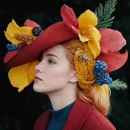 a woman wearing a large floral hat