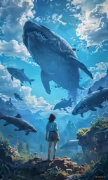 the girl looks at fish swimming over the water