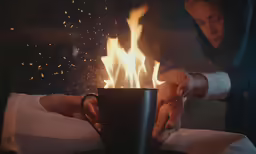 the woman is putting a burning candle in the cup