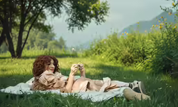 a woman wearing a long dress lying on the grass
