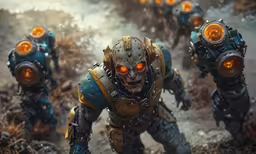 a group of men in costumes with glowing eyes