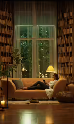 woman reading on a couch in front of a large window