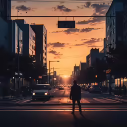 a street scene with the sun setting and the silhouette of a person walking