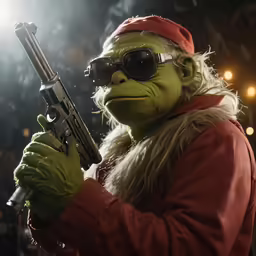 a green man dressed in costume holding a rifle