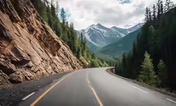 a highway is next to a forest covered mountain